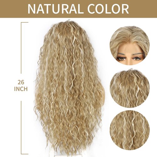 SAPPHIREWIGS Curly Lace Front Wigs Highlight Blonde Long Water Wave Synthetic Wig Pre-plucked Hairline Blonde for Black Women 26inch