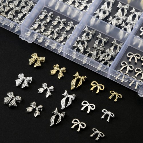 OPMADM 135 Pcs Bow Nail Charms 5 Styles Metal Bow Charms for Nails Gold Silver and White Gold