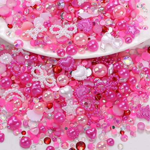 50g Dark Pink Flatback Rhinestones Pearls for Bedazzling, 3-8mm Flatback Rhinestone Gems, 2-10mm Pearls Beads, Moon Star Heart Bowknots Pearl Nail Charms for Crafts DIY Clothes Tumblers