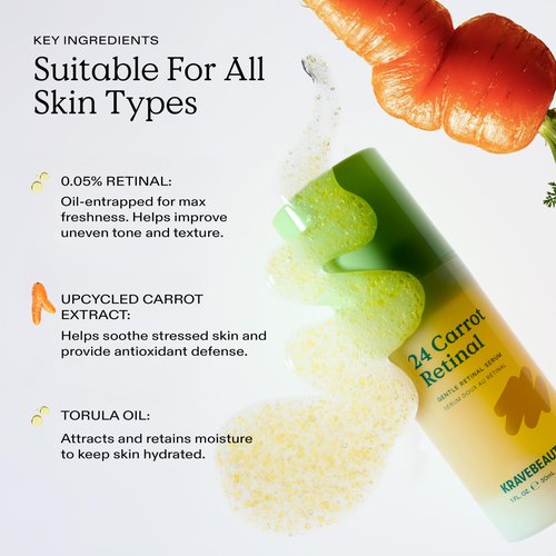 KraveBeauty 24 Carrot Gentle Retinal Serum, Lightweight 0.05% Retinal Treatment with Carrot Extract & Torula Oil, for Uneven Tone, Texture, and Fine Lines, Fragrance Free, 30 mL