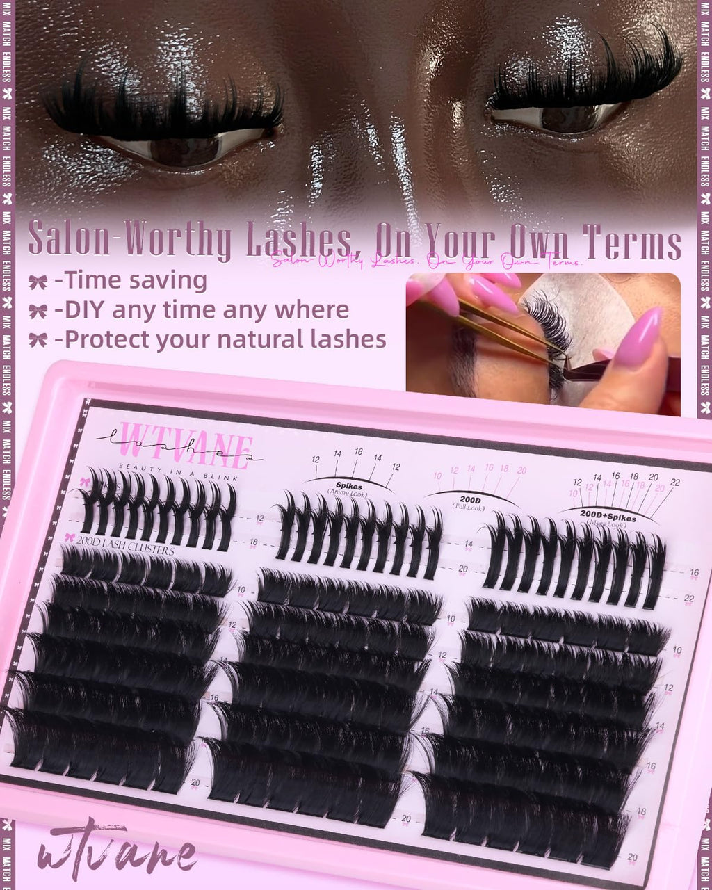 Wtvane Wispy Lash Clusters with Spikes Eyelash Clusters DIY Lash Extensions with 10-20MM 200D Individual Lashes 12-22MM Spiky Lashes Clusters Volume Manga Cluster Eyelash Extensions for Baddie Look
