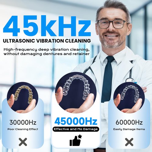 45kHz Ultrasonic Retainer Cleaner, 200ML Dental Cleaning Pod for Dentures, Mouth Guards, Braces, Aligner, Toothbrush Jewelry and More, UV Denture Cleaner with 4 Modes & Digital Timer