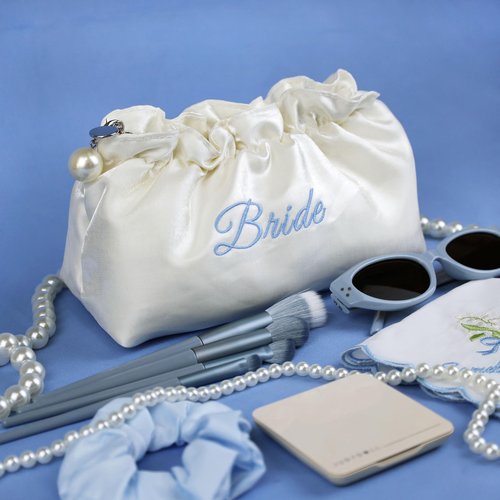 Lauusiusi Creamy White Satin Bride Cosmetic Bag Something Blue Embroidered Silk Makeup Bag Bling Pearl Bride To Be Purse for Bridal Shower Bachelorette Party Women Wedding Engagement Gift