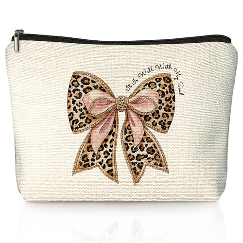LIANGW Coquette Leopard Print Bow Christian Makeup Bag, She Is Worthy Blue Girly Cosmetic Bags for Women, Christian Gifts for Women, Preppy Aesthetic Zipper Makeup Pouch