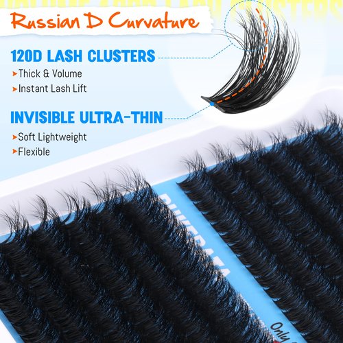 PHKERATA 14-16mm Lash Clusters Eyelash Extensions Volume Eyelash Clusters Russian D Curvature Lash Extension DIY Wispy Cluster Lashes Thick Individual Lashes, 14-16mm