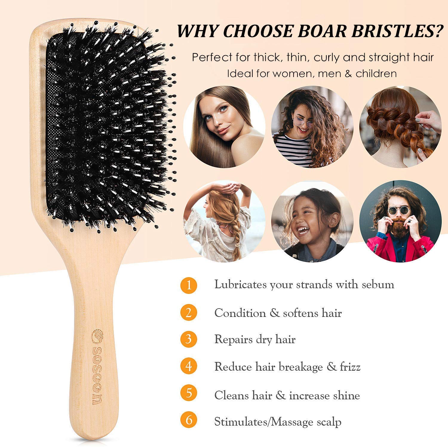 Sosoon Boar Bristle Paddle Hair Brush - Tangle-Free Styling for All Hair Types | Gift Box & Tail Comb Included
