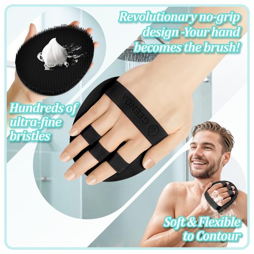 GEENOA Silicone Back Scrubber & Bath Glove Set 2PCS, 13.4'' Gentle Shower Back Scrubber with Dual-Side Head Non-Slip Handle, 360° Anti-Slip Hand-fit Bath Glove for Rich Foaming Deep Cleaning(Black)