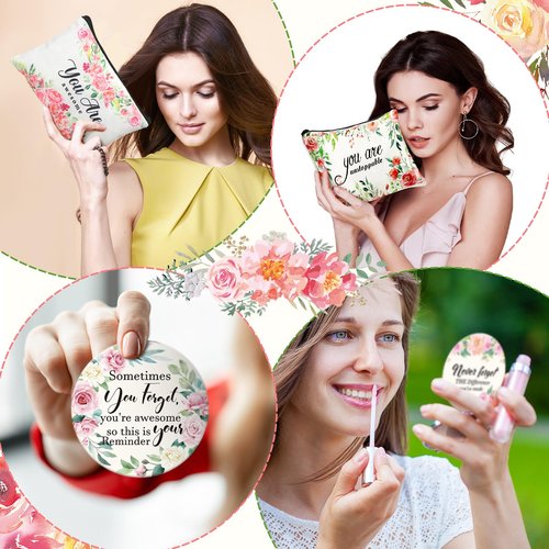 Kacctyen 20 Pcs Floral Inspirational Gifts Canvas Cosmetic Bags Compact Mirrors Makeup Bags Thank You Travel Toiletry Pouch Bulk Mothers Day Gift for Church Mom Women Teacher Coworker Employee