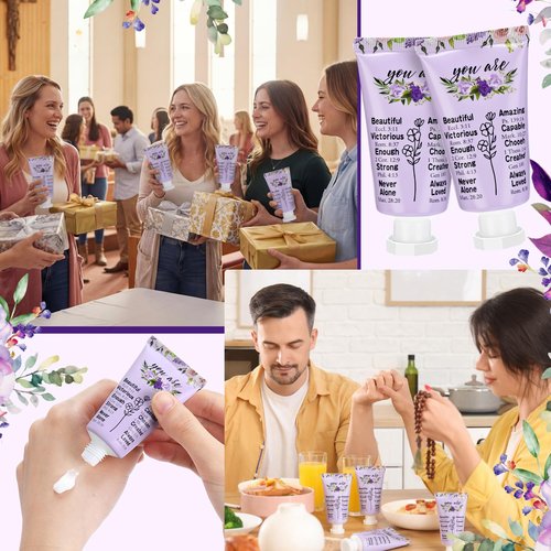 Heigble 50 Pack Christian Hand Lotion Bulk Gifts for Women Mother's Day Gifts Bible Mini Travel Hand Lotion for Women Church Appreciation(Purple Flower)