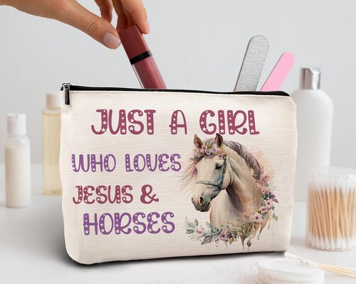 kdqua Horse Gifts for Girls Horses Makeup Bag, Just a Girl Who Loves Horses, Pink Funny Gifts for Horse Lovers women, Cowgirl Equestrian Gifts Linen Cosmetic Bag Zipper Pouch Travel Toiletry Bag