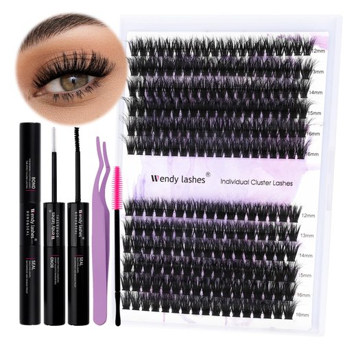 Lash Clusters Kit for Using at Home: Ultra-light, DIY, Natural, Fluffy, Wispy, Waterproof, Anime, Manga, Cat Eye, 3D Curl, 12-16mm, 60P+80P, Wendy, RT318