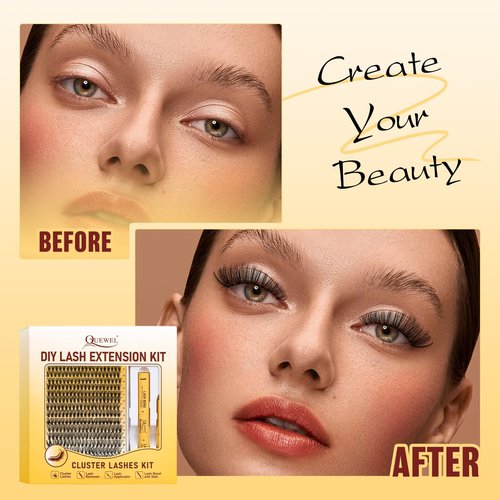 QUEWEL Lash Clusters 320Pcs Cluster Lashes 50D D Curl Lash Cluster Eyelash Extensions Mix9-16mm Individual Eyelashes Clusters Wispy Lash Clusters Thin Band Soft to Use at Home(50D D Mix9-16)