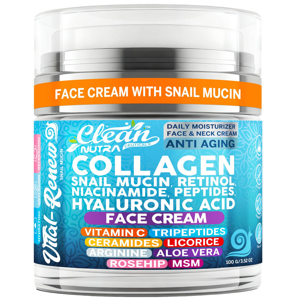Vital Renew Snail Mucin Collagen Face Cream Daily Moisturizer Retinol Anti Aging Face Cream Niacinamide Peptides Hyaluronic Acid Vitamin C MSM Tripeptides Ceramides Licorice Arginine Aloe Vera