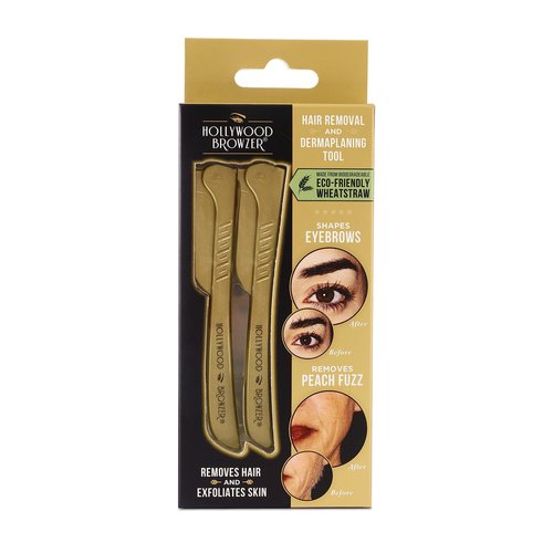Hollywood Browzer Hair Removal and Dermaplaner Duo - Peach Fuzz and Eyebrow Razor for Women - Eyebrow Grooming Kit - Gold - 2 pc