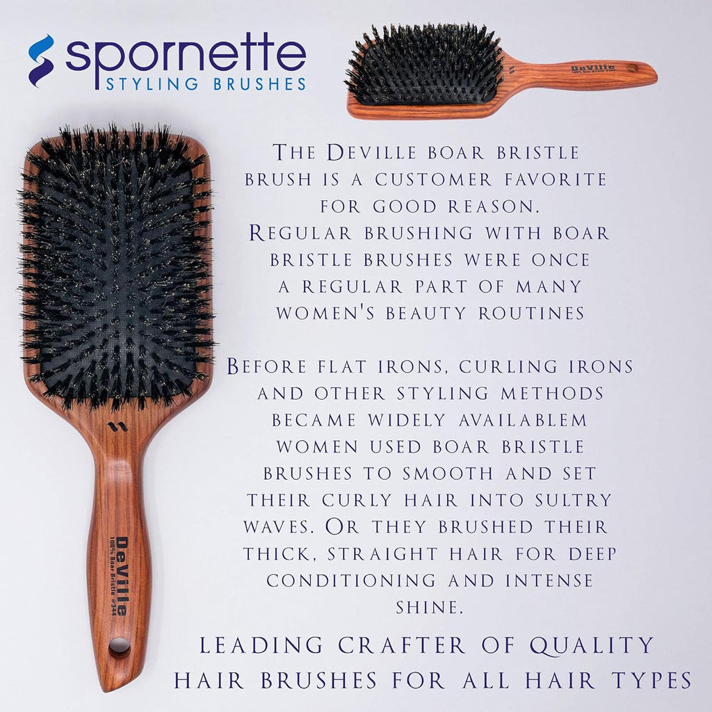 Spornette Deville Cushion Paddle Brush - Boar Bristle Hair Brush for Smoothing & Detangling | All Hair Types