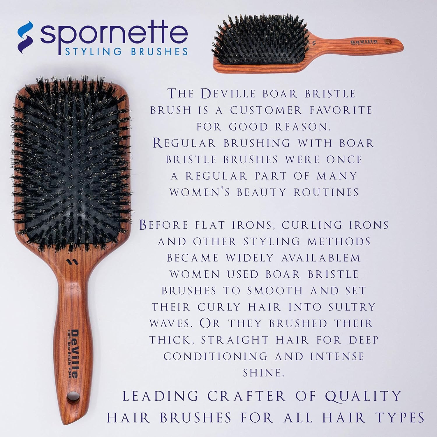 Spornette Deville Cushion Paddle Brush - Boar Bristle Hair Brush for Smoothing & Detangling | All Hair Types