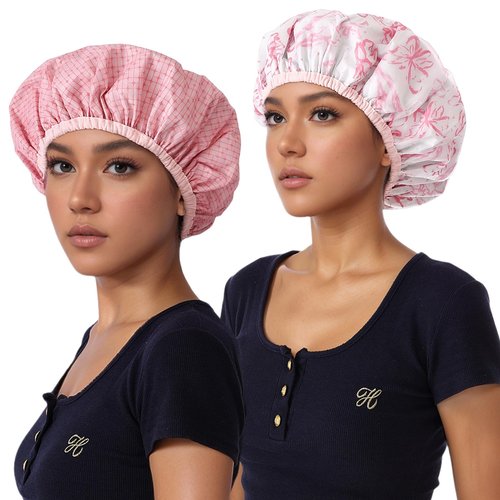 QFE 5PCS Shower Caps for Women Reusable Waterproof Long Hair Cap Shower Products Large Plastic Cover Flexi Bathing Accessories Travel Women's to Keep Dry Prevent Cooking Oil Fumes Washable, Pink 5PCS