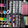 FANDAMEI Nail Art Kit, 54 Pcs Nail Tool Set with 6-Color Nail Polish, 20 PCS Nail Art Brushes, 2 Box False Nail Tips, 6 Jar Chrome Nail Powder, 4 Box Nail Charms, 10 Sheet Nail Stickers for Beginners