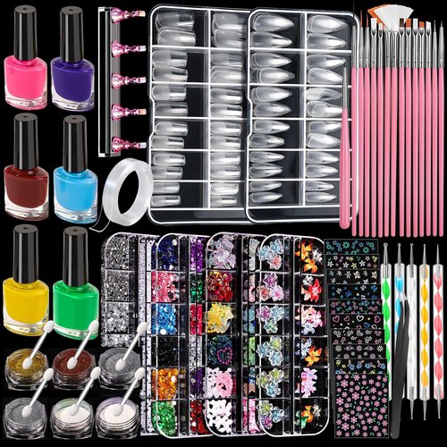 FANDAMEI Nail Art Kit, 54 Pcs Nail Tool Set with 6-Color Nail Polish, 20 PCS Nail Art Brushes, 2 Box False Nail Tips, 6 Jar Chrome Nail Powder, 4 Box Nail Charms, 10 Sheet Nail Stickers for Beginners