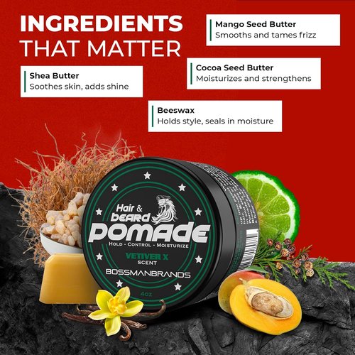 Bossman Natural Hair & Beard Pomade - Vetiver X Scent | Medium Hold & Moisturizing for Hair, Beard & Mustache