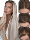 FAVE 13x4 HD Lace Front Wig,28" Ombre Wig Ash Blonde with Brown Highlight Long Straight Synthetic Hair, Pre-Plucked Hairline, Heat-Resistant Glueless Lace Front Wigs for Women