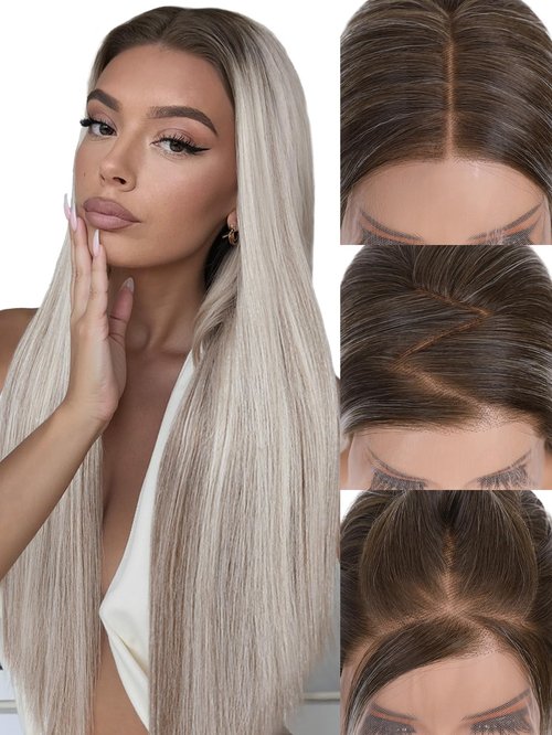 FAVE 13x4 HD Lace Front Wig,28" Ombre Wig Ash Blonde with Brown Highlight Long Straight Synthetic Hair, Pre-Plucked Hairline, Heat-Resistant Glueless Lace Front Wigs for Women
