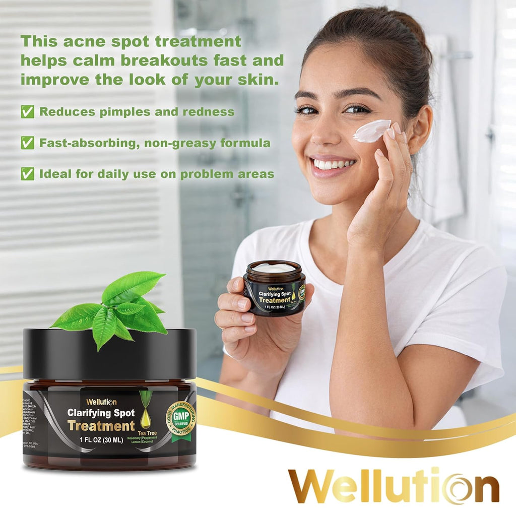 WELLUTION Cystic Acne Spot Treatment - Fast-Acting Tea Tree Cream for Pimples & Blemishes - 1oz Non-Greasy Formula