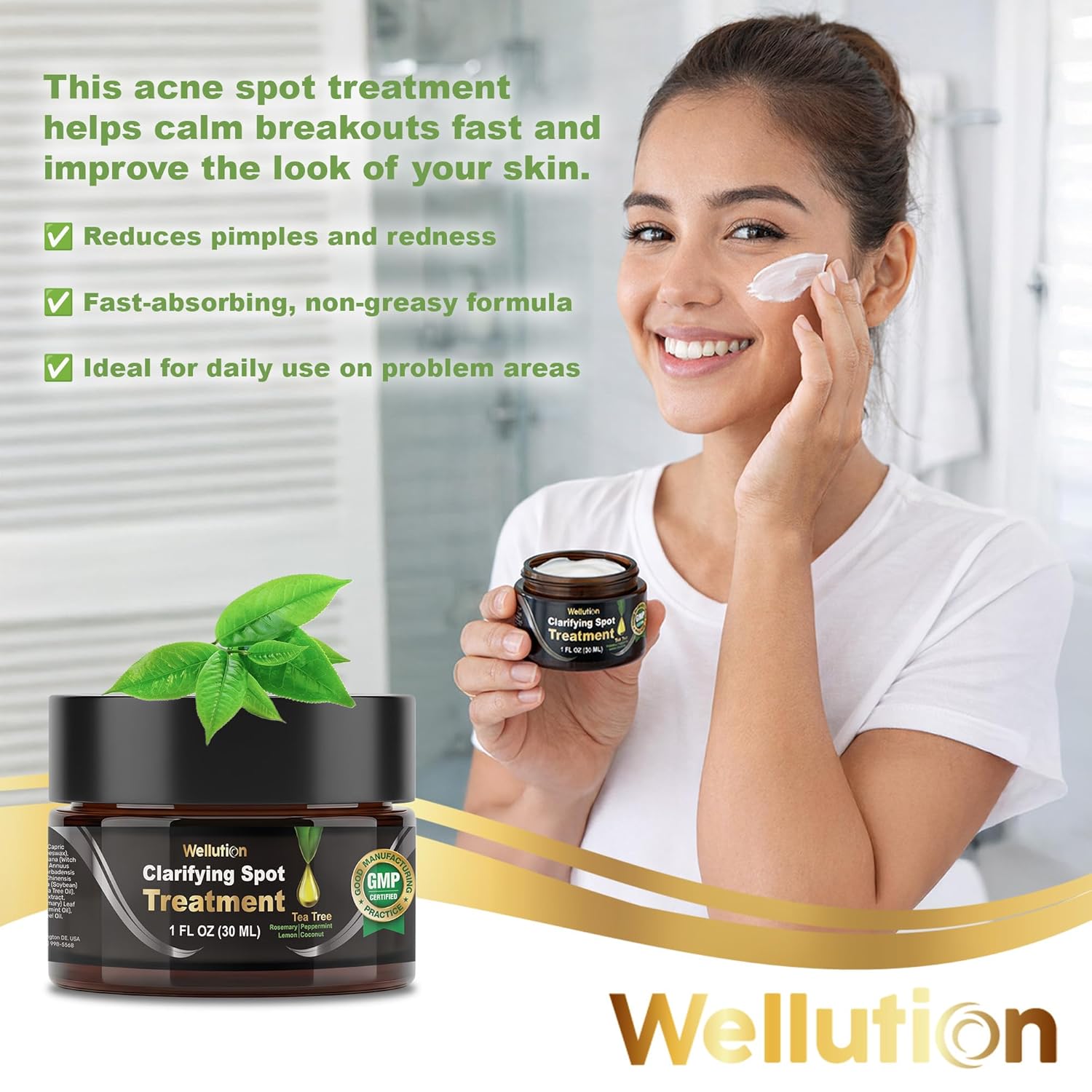 WELLUTION Cystic Acne Spot Treatment - Fast-Acting Tea Tree Cream for Pimples & Blemishes - 1oz Non-Greasy Formula