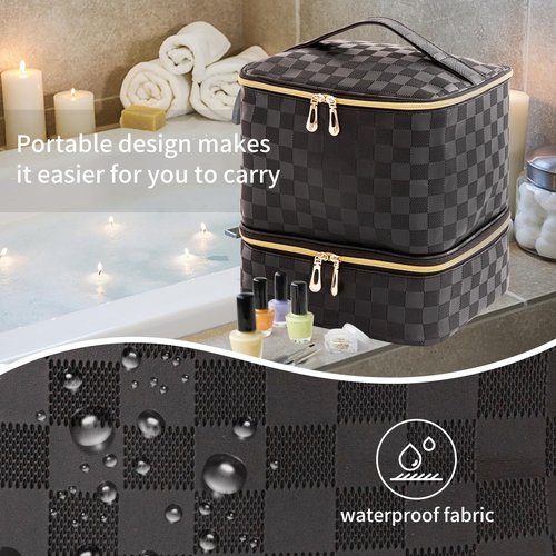 AFUOWER Nail Polish Organizer Bag with Handles - Holds 30 Bottles (15ml - 0.5 fl.oz)，Travel Case Portable Storage Bag for Manicure Set (Checkered Black)