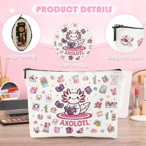 Silkovahamd Axolotl Gifts for Women - Cute Axolotl Necklace, Makeup Bag & 50Pcs Stickers Set - Unique Salamander Themed Present for Girl, Daughter, Axolotl Lover Birthday Christmas Velentine Day