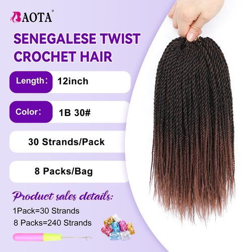 BAOTA Senegalese Twist Crochet Hair for Women Ombre Brown 12 Inch 8 Packs Short Crochet Hair for Black Women Pre Looped Small Braids Micro Twist Crochet Hair with Natural Ends T30