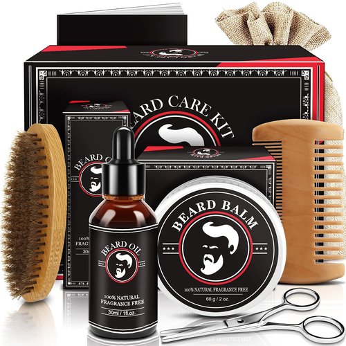 Valentines Gifts for Him, Beard Kit for Men, Beard Growth and Grooming Kit w/Beard Oil Beard Balm Beard Brush Beard Comb Beard Scissors, Christmas Birthday Gifts for Men Husband Grandpa Boyfriend Son