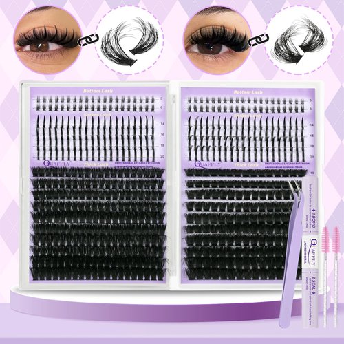 DIY Lash Extension Kit 100D+150D Volume Lash Clusters with Spikes Lash Extension Kit Bottom Lashes Wispy Cluster Eyelash Extensions Kit with Lash Bond and Seal Tweezer Brush Easy To Apply