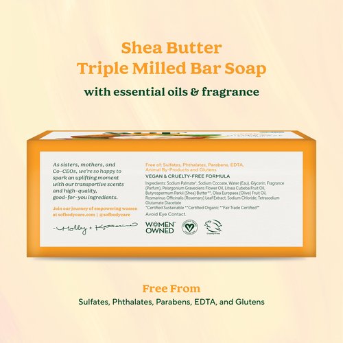 SoF Triple Milled Bar Soap - With Coconut Oil & Organic Shea Butter- Vegan & Non GMO- Free From Phthalates, Sulfates & Parabens- Shea Butter - 6 oz Bar 6 Bars