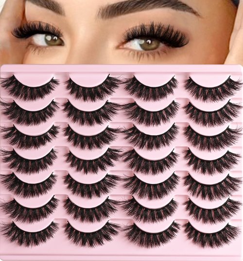 QUNETY Lashes Wispy False Eyelashes Cat Eye Lash Strips Natural Look Fake Mink Eyelash Pack 14 Pairs Lightweight Fluffy Cateye Strip Lashes Soft Cotton Band 6-13mm Demi Wispies Full Pestañas Postizas