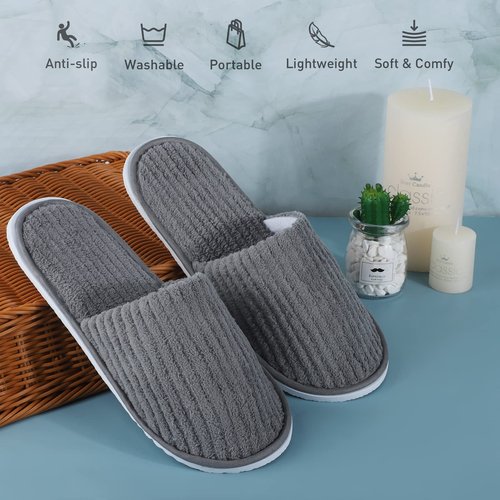 Elcoho 12 Pairs Closed Toe Spa Slippers Reusable Slippers Coral Fleece Washable Disposable Home Slippers for Women Men Guests Hotels House Slippers Housewarming Indoors Bathroom Party Traveling, Grey