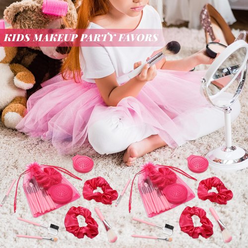 SiliFine Pink Girl Party Favors Girl Makeup Party Favor Party Supplies Set Includes Pink Gauze Bags, Hair Scrunchies, Foldable Mirror Hair Brushes, Makeup Brushes Toys(96 Pcs)