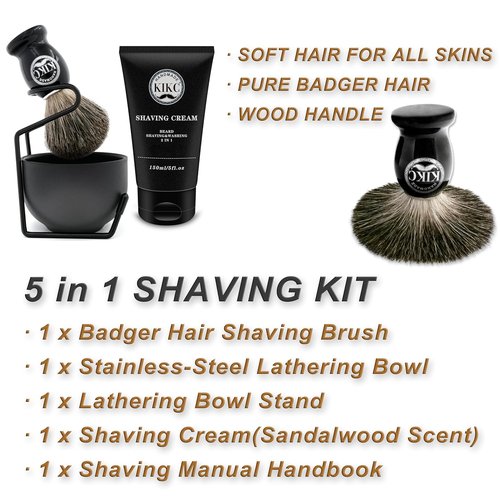 KIKC 5-In-1 Shaving Kit - Handcrafted Pure Badger Brush, Stainless Steel Bowl & Cream | Deluxe Black Gift Set for Bearded Men