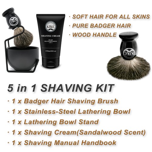 KIKC 5 in 1 Shaving Kit for Wet Shave, Set Includes Hand Crafted Pure Badger Shave Brush, Stainless Steel Lathering Soap Bowl, Shave Brush Stand, Shaving Cream, Best Gift for Bearded Man, Deluxe Black
