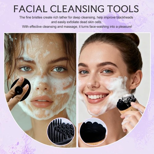 BS-MALL Silicone Facial Cleansing Brush Kit – Bamboo Face Scrub Brush with Silicone Storage Bag for Deep Cleaning, Exfoliation & Pore Cleansing – Travel-Friendly Sensitive Skin Care Tool