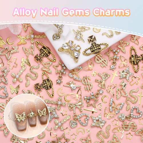 320 Pcs 3D Gold Nail Charms, Cross Snake Star Heart Dangle Nail Gems Charms, Bow Planet Dollar Butterfy Nail Gems for Alloy Nails, Rivet Nail Charms Rhinestones for Nails Art DIY Design