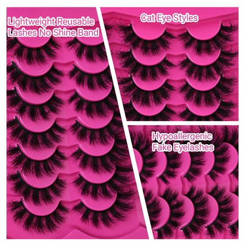 False Eyelashes Faux Mink Lashes Cat-Eye Look 18MM Wispy Long 3D Volume Fake Eyelash Strips 14 Pairs Pack,by INSPEAUTY