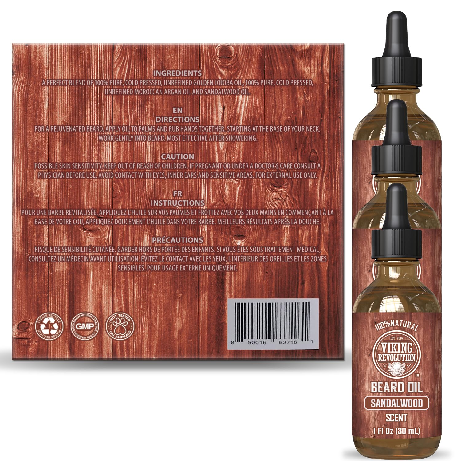 Viking Revolution Sandalwood Beard Oil for Men - Natural Mens Beard Oil with Argan Oil and Jojoba Oil - Beard Softener, Strengthens and Moisturizes - Beard Conditioner for Men (Sandalwood, 3 Pack)