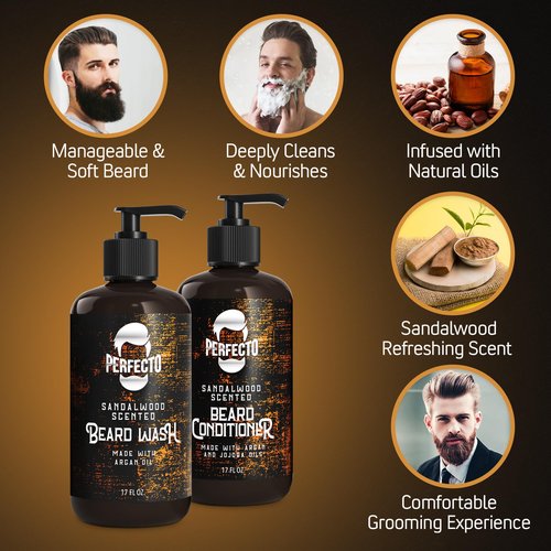 Perfecto Beard Wash & Beard Conditioner Set with Argan and Jojoba Oils - Strengthens and Softens - Natural Sandalwood Scent