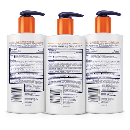 Biore Blemish Fighting Ice Cleanser Face Wash with Salicylic Acid, Clears and Helps Prevent Acne Breakouts, Cools & Refreshes Skin, Oil Free, 6.77 Oz (Pack of 3)