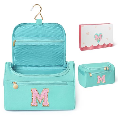 COSHAYSOO Travel Gifts for Women Travelers Trip Unique Initial Hanging Toiletry Bags, Personalized Gifts for Female Friend Friendship Wife Girlfriend Anniversary Bestie Birthday Party Favor Teal M