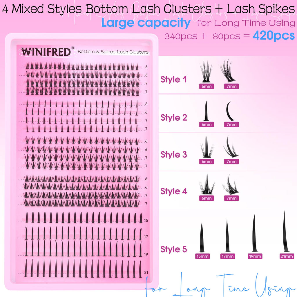 Winifred Bottom Lash Clusters with Spikes 4 Styles Lower Individual Lashes 6-7mm 420pcs Wispy Eyelash Clusters Fairy Cluster Eyelash Extensions Spiky Lashes Clusters
