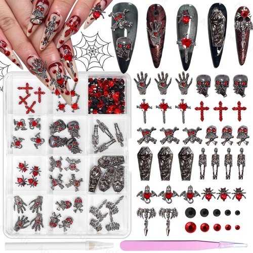 Halloween Nail Charms and Gems, Mixed Cross Spider Skull Hands Tombstone Dark Ghost Alloy Punk Halloween Charms for Nails, Black Red Gems Rhinestones for Acrylic Nail Art DIY Supplies