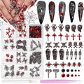 Halloween Nail Charms and Gems, Mixed Cross Spider Skull Hands Tombstone Dark Ghost Alloy Punk Halloween Charms for Nails, Black Red Gems Rhinestones for Acrylic Nail Art DIY Supplies