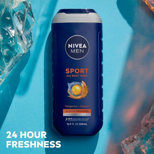 NIVEA Men Sport Body Wash - Revitalizing Minerals & Tangerine-Pepper Scent | 3-in-1 Vegan Formula, 16.9 Fl Oz